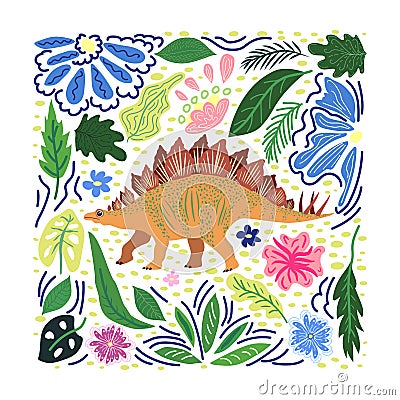 Stegosaurus yellow, prehistoric dinosaurs collection. Ancient animals. Hand drawn. In a frame of flowers and leaves Vector Illustration