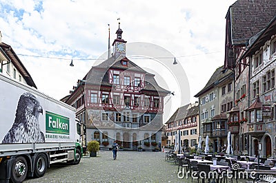 Preserved historic buildings at Rathausplatz, a town square in old small city of Stein Am Rhein, Switzerland Editorial Stock Photo