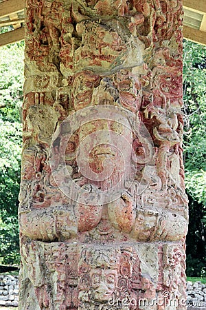 Stela C, beautifully carved in 711 AC, at the Mayan archeological site of Copan, Honduras Stock Photo