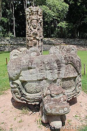 Stela F and its altar (carved in 721 AC) at the Mayan archeological site of Copan, Honduras Stock Photo