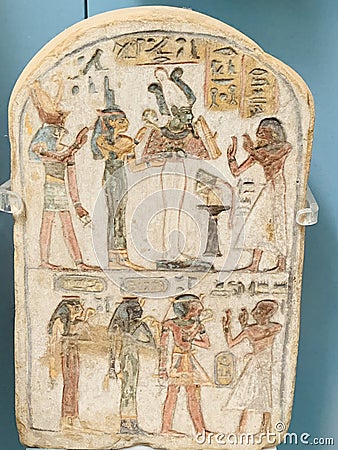 Painted limestone stela from the 18th Dynasty of the New Kingdom at the British Museum London Editorial Stock Photo
