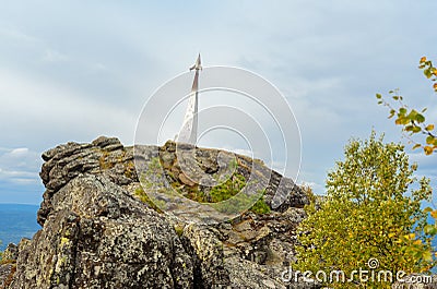 Stella rocket in honor of Gagarin`s flight on mountain Kachkanar. The Urals. Russia Stock Photo