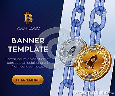 Stellar. Crypto currency editable banner template. 3D isometric Physical bit coin. Golden and silver Stellar coins with wireframe Cartoon Illustration