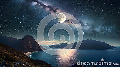 Stellar Embrace Full Moon Casts a Gentle Glow on Earth Oceanside Majesty Stock Photo