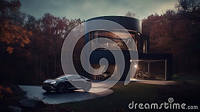 Stellar Living: Rooftop Observatory Home & Electric Car for Cosmic Exploratio Stock Photo