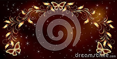 Stellar space background with magical butterflies and golden ornament Vector Illustration