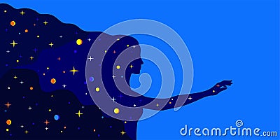 Stellar universe in the shape of a woman's profile silhouette with outstretched hand on a blue background Vector Illustration