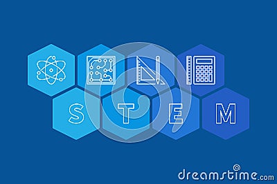 STEM concept banner. Vector blue hexagonal illustration Vector Illustration