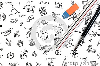 STEM education background concept. STEM - science, technology, engineering and mathematics background with pen, ruler and doodle. Stock Photo