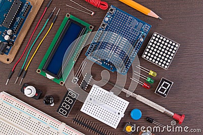 STEM education or DIY Electronic Kit , Robot made on base of micro controller with variety of sensor and tools. Closeup. Stock Photo