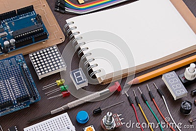 STEM education or DIY Electronic Kit , Robot made on base of micro controller with variety of sensor and tools. Closeup. Stock Photo