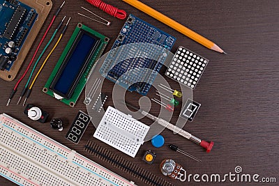 STEM education or DIY Electronic Kit , Robot made on base of micro controller with variety of sensor and tools. Closeup. Stock Photo