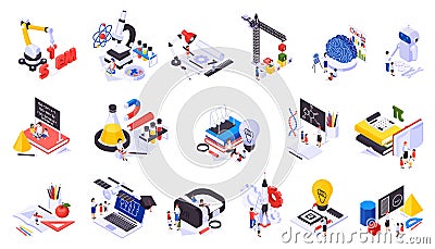 STEM Education Isometric Icons Set Vector Illustration