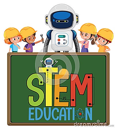 Stem education logo with kids wearing engineer and robot Vector Illustration