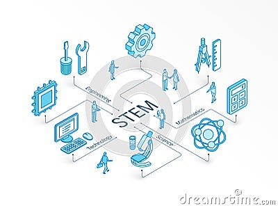 STEM isometric concept. Connected line 3d icons. Integrated infographic design system. Science, Technology, Engineering Vector Illustration