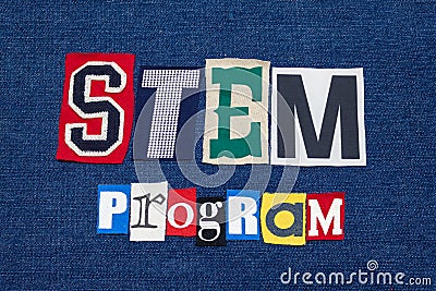 STEM PROGRAM text word collage, colorful fabric on blue denim, science technology engineering and mathematics Stock Photo