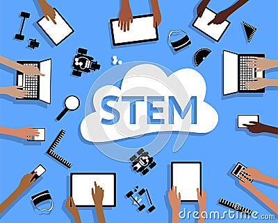 STEM Science Technology Engineering Maths Device Tablets Cloud Robots and Hands Vector Illustration