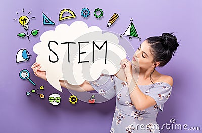 STEM with woman holding a speech bubble Stock Photo