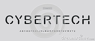 Stencil cyber tech alphabet, modern futuristic font for cybersecurity, software development, gaming, robotics Vector Illustration