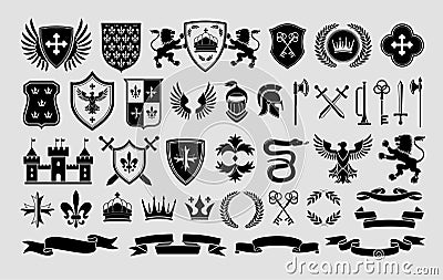 Stencil heraldic emblem templates. Traditional snake, lion and eagle symbols. Medieval weapons, shields and royal castle Vector Illustration