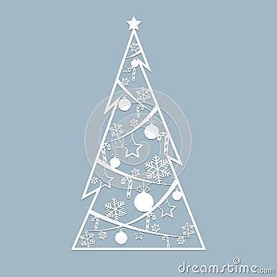 Stencil laser cut for christmas cards Openwork Christmas spruce tree cut out of paper for New Year invitation greeting card Vector Illustration