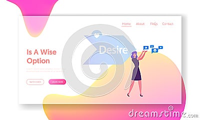 Step AIDA Model Website Landing Page. Woman Holding Social Media Icons front of Arrow with Desire Typography Part Vector Illustration