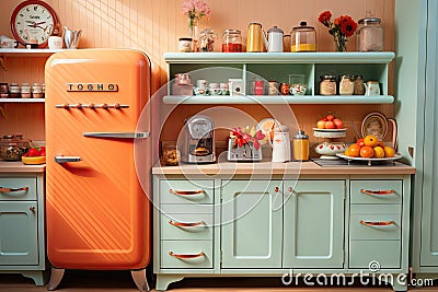 Retro Vibes: Kitchen with Orange and Green Refrigerator, a Retro Delight. Generative AI Stock Photo