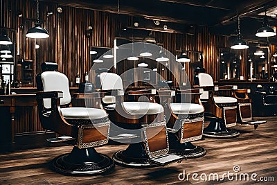 Stylish Vintage Barber Chairs In Wooden Interior. Barbershop Theme Stock Photo