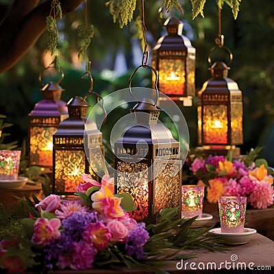 Enchanting Garden of Dreams with Decorative Lanterns Stock Photo