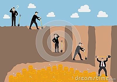 Step of businessman digging a ground to find treasure Vector Illustration