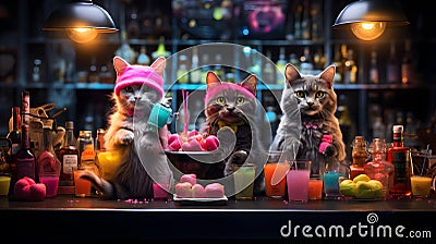 AI-Generated: Three Cats Serving as Bartenders in a Cozy Bar with Candles and Bottles Stock Photo