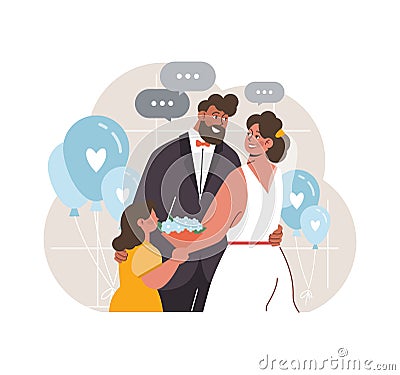 Step-Child Love. A loving couple warmly embraces their step-daughter at a celebration. Vector Illustration