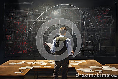 Back View of Young Teacher Looking at Blackboard with Graphs and Diagrams Stock Photo