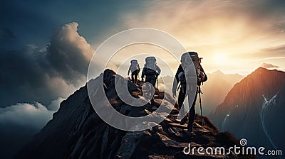 Step by step, they conquered the height, Scaling the mountain, bathed in the sunlight. Their perseverance led them to the top, Stock Photo
