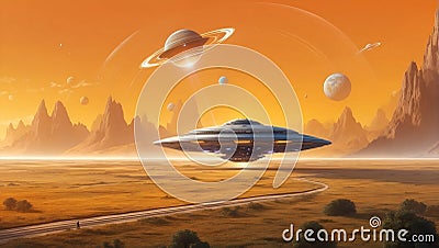 cosmic embrace: alien spaceship lands on enigmatic world. ai generated Stock Photo