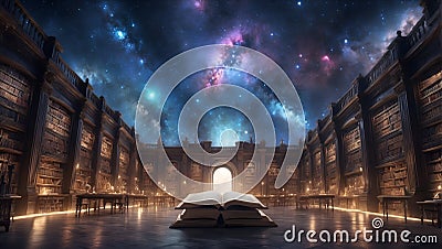 celestial archives: liquid stardust stories in a transcendent library. ai generated Stock Photo