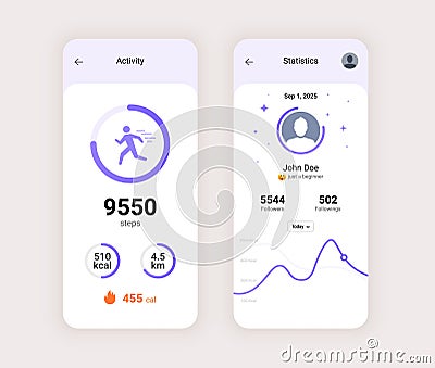 Step counter fitness tracker app design. Walk flat health fit activity vector smart phone watch step counter. Vector Illustration