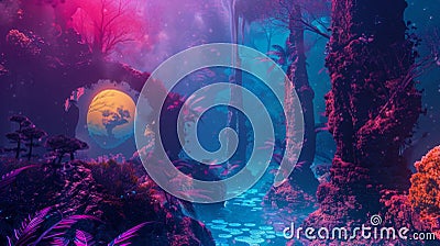 Step into a dreamlike realm of computergenerated landscapes with these colorful backdrop Stock Photo