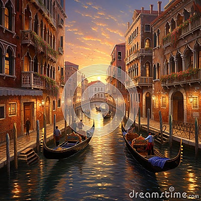 Whimsical Scene in Venice with Gondolas and Landmarks Stock Photo