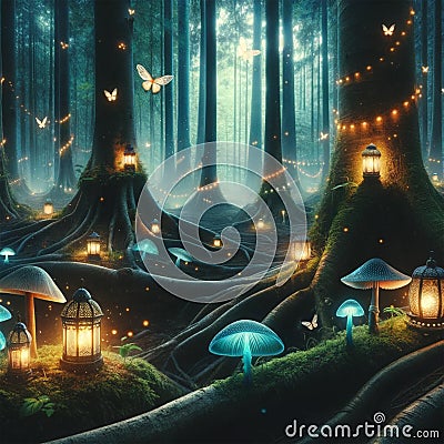 Enchanting Night in the Glowing Forest: Fireflies and Lanterns Stock Photo