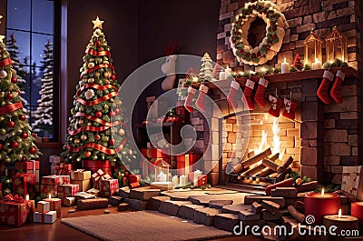 Festive Ambiance: Christmas Tree, Background, and Chimney Magic Stock Photo