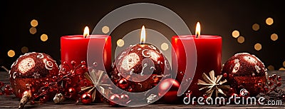 Elegant Xmas banner with beautiful red Christmas candles decor Editorial Stock Photo