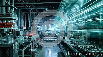 A conceptual photograph of a futuristic laboratory where scientists observe the visual representation of tachyon particles. Stock Photo