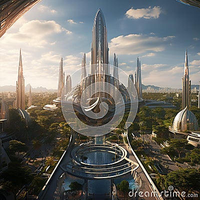 Futuristic cityscape with integrated ancient cultural relics and grand monument Stock Photo