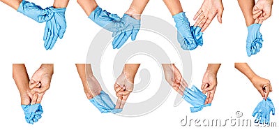 Step of hand throwing away blue disposable gloves. Stock Photo