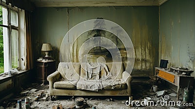 Eerie Abandonment: A Living Room Overtaken by Nature's Mould Stock Photo