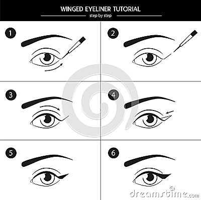Step-by-step instruction on how to useand apply eyeliner. Vector eyes icons. Winged eyeliner manual Vector Illustration