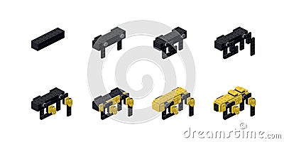 Step-by-step instructions for assembling a robot in isometry. Vector Vector Illustration
