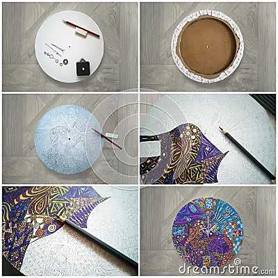 Step-by-step instructions collage for DIY round wall clock on canvas in zentangle drawing pattern technique.Copy space. Stock Photo