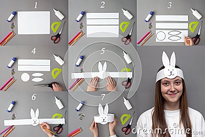 Step by step instructions DIY Easter bunny made of paper from 7 steps on a grey background. Stock Photo